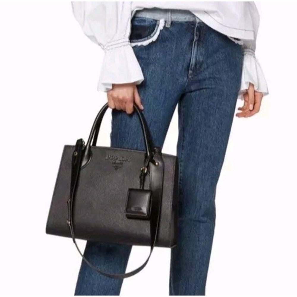 Prada Saffiano Black Monochrome Tote W/ Shoulder Strap - Excellent Condition - Picture 13 of 16